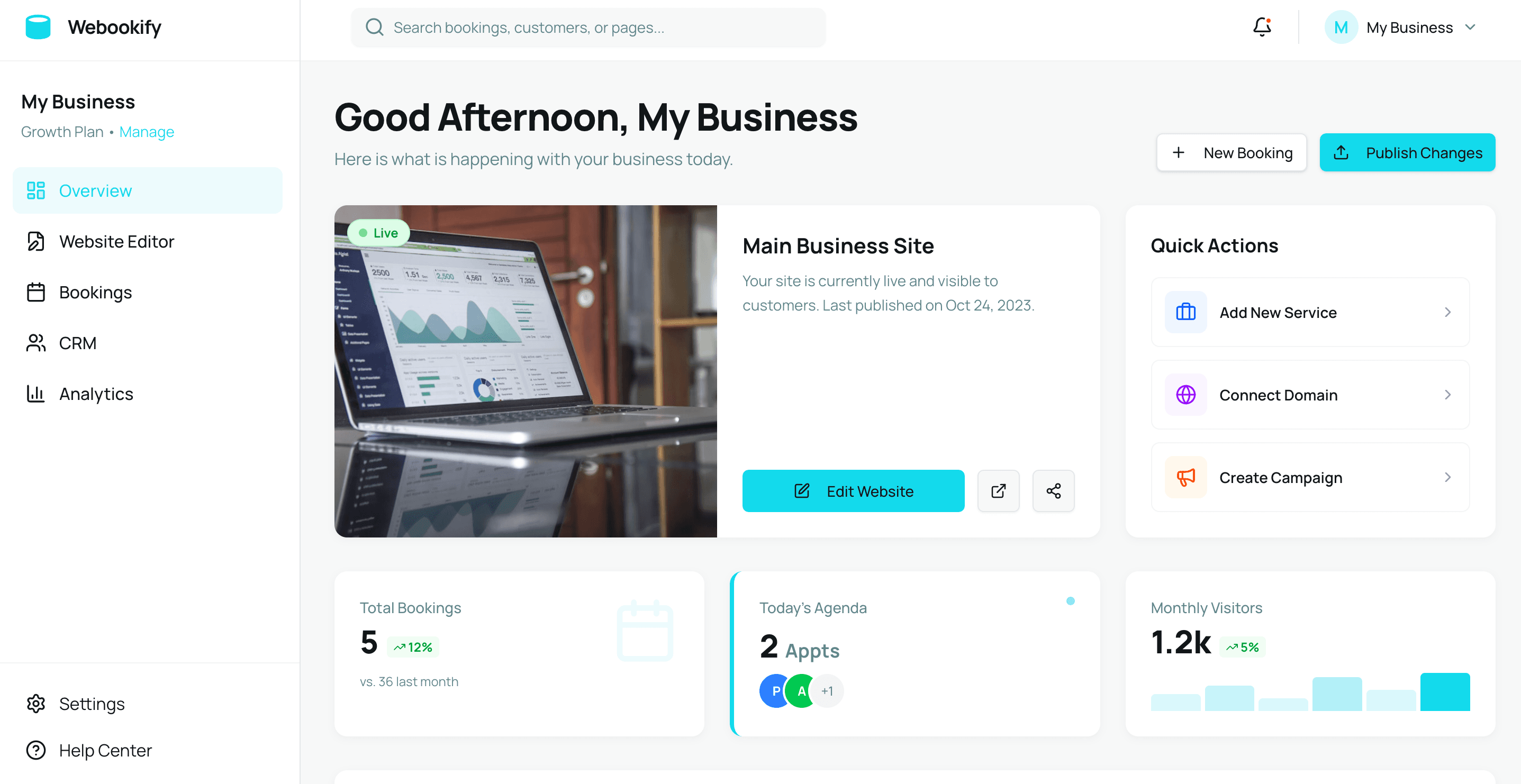 Webookify Dashboard Preview - Drag and drop website builder